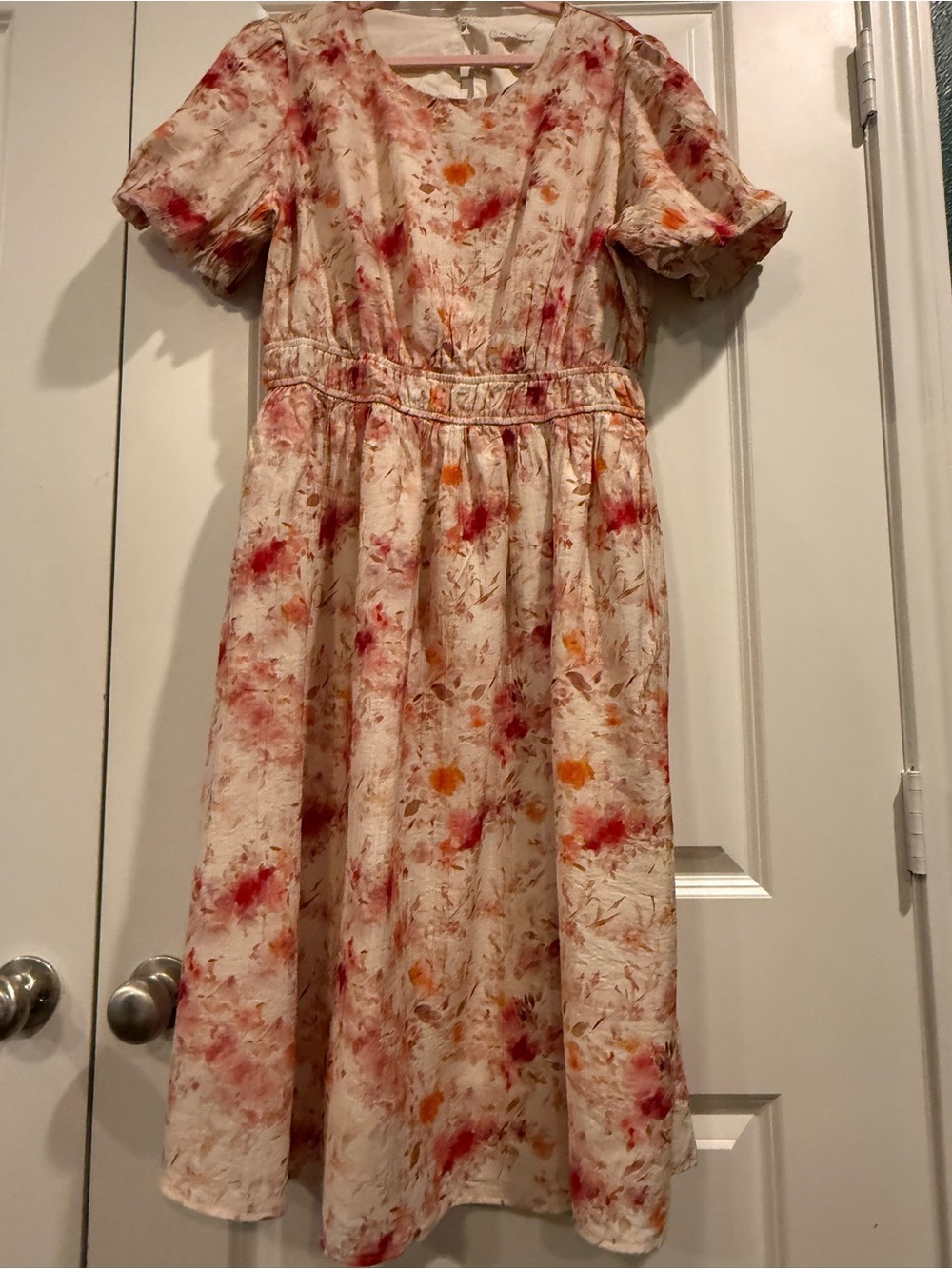 tea n rose Cream Midi Dress with Pink & Orange Floral Print